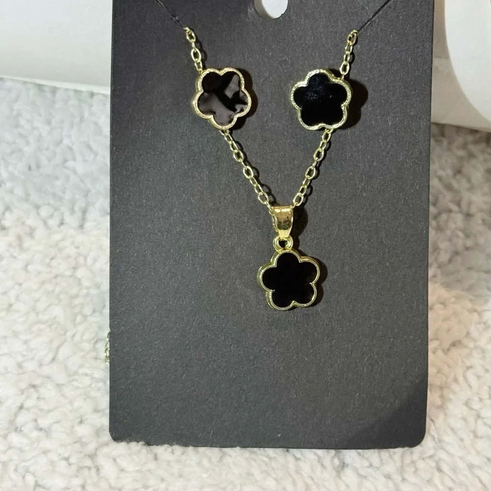 Women's Jewelry Set 5Pcs Clover 4 Leaves Gold and Onyx -
